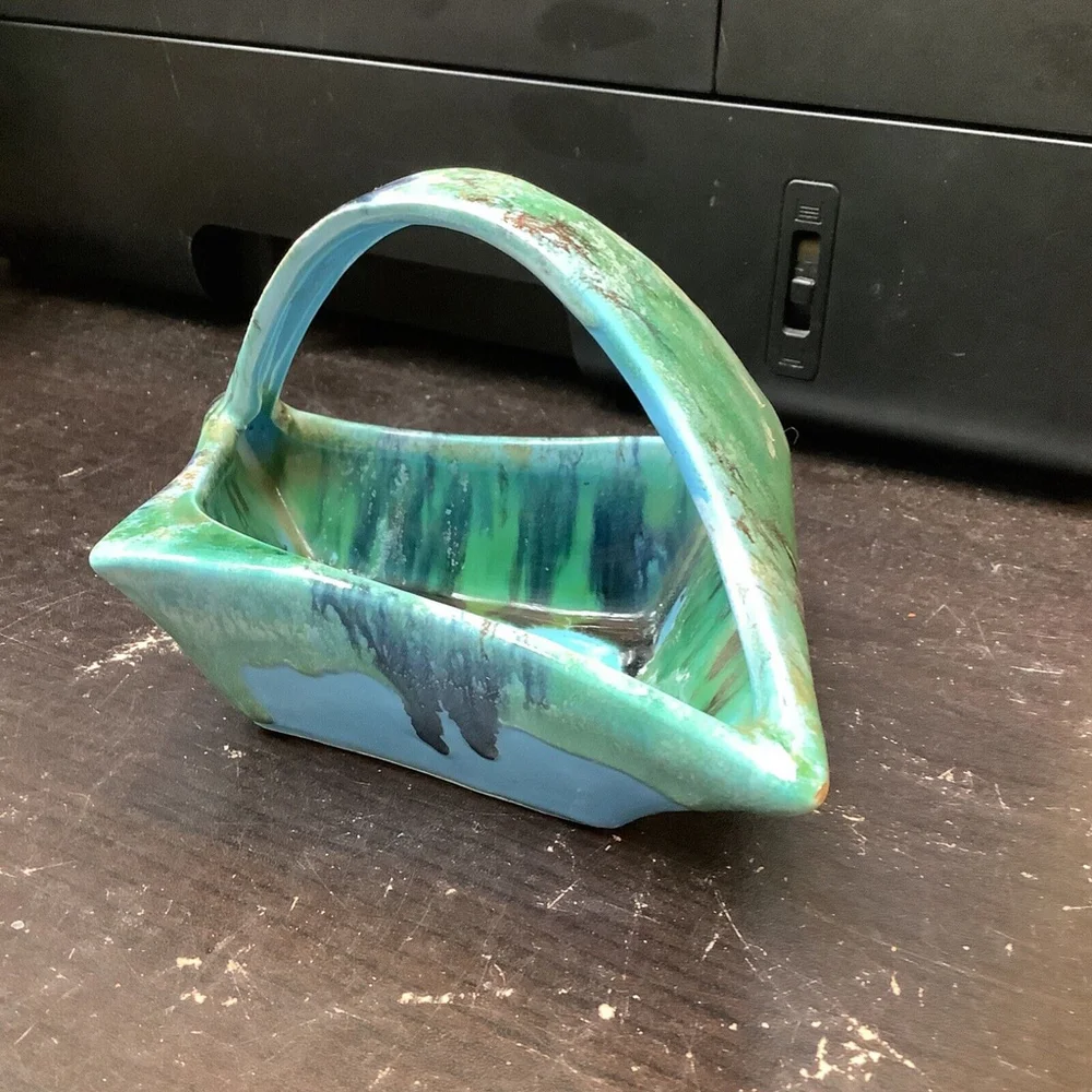 Art pottery vase drip glaze MCM Diamond Shaped Basket 4.5”x7”